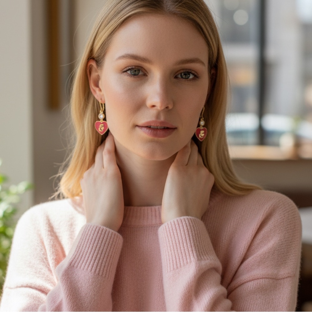 KARL LAGERFELD GOLD AND PINK HEART DROP      EARRINGS